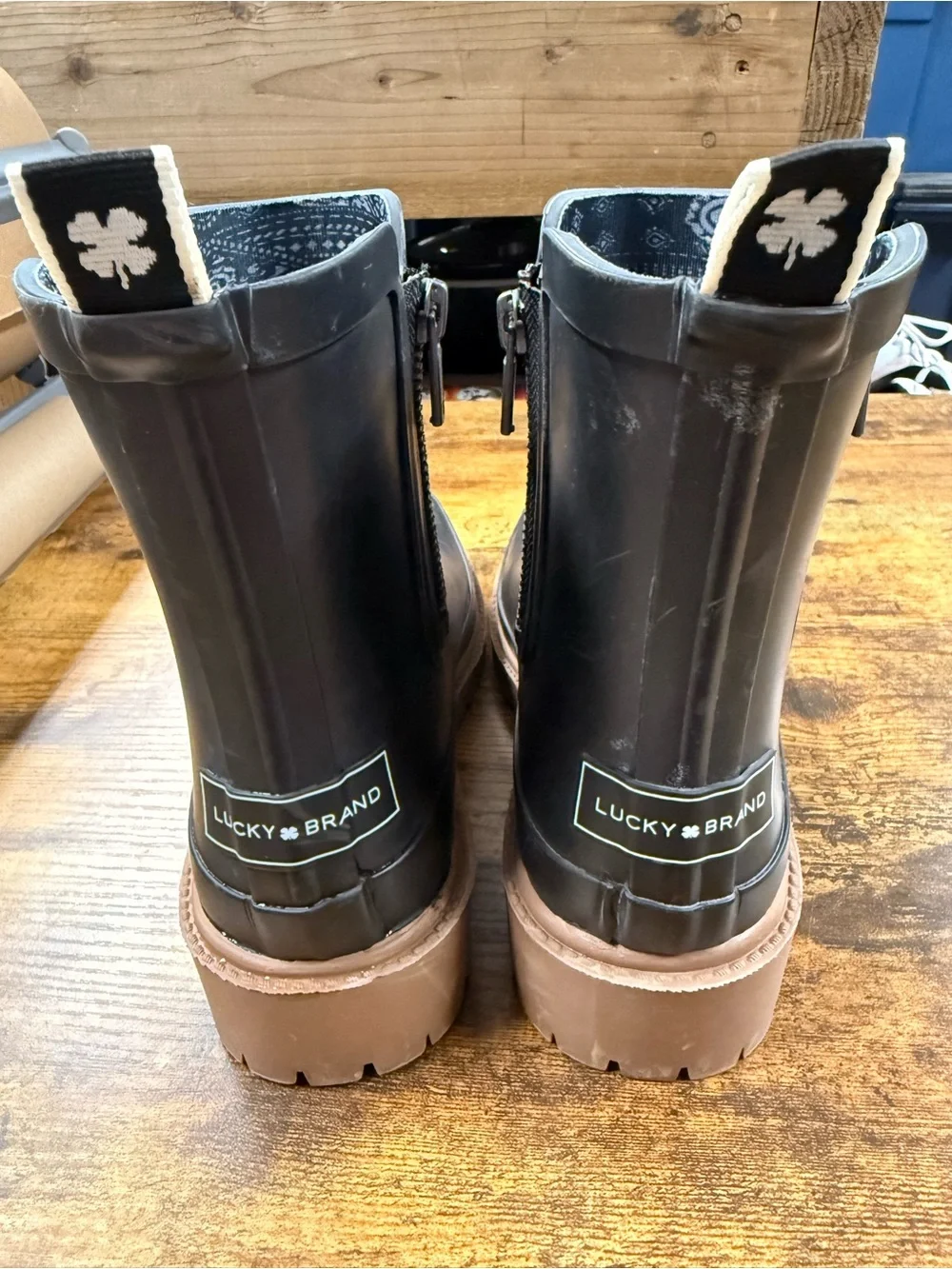 Lucky Brand Black Rain Boots with Brown Sole